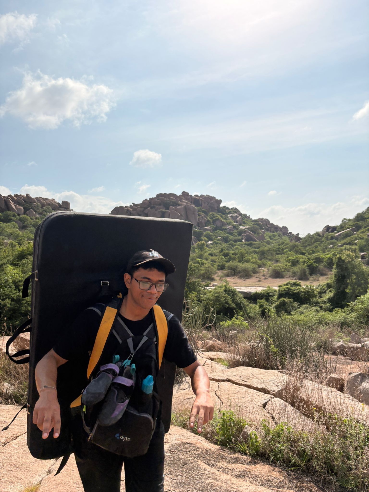Me carrying climbing equipment up the hill